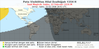 HilalMap: Peta Visibilitas Hilal Dzulhijjah 1354 H: rukyat tanggal 1936-2-22 M