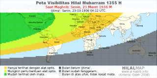 HilalMap: Peta Visibilitas Hilal Muharram 1355 H: rukyat tanggal 1936-3-23 M