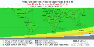 HilalMap: Peta Visibilitas Hilal Muharram 1355 H: rukyat tanggal 1936-3-24 M