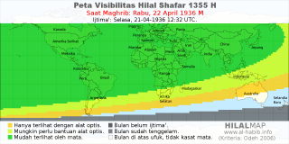 HilalMap: Peta Visibilitas Hilal Shafar 1355 H: rukyat tanggal 1936-4-22 M