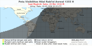 HilalMap: Peta Visibilitas Hilal Rabiul-Awwal 1355 H: rukyat tanggal 1936-5-20 M