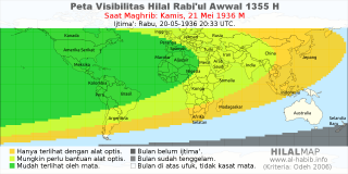 HilalMap: Peta Visibilitas Hilal Rabiul-Awwal 1355 H: rukyat tanggal 1936-5-21 M