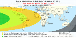 HilalMap: Peta Visibilitas Hilal Rabiul-Akhir 1355 H: rukyat tanggal 1936-6-19 M
