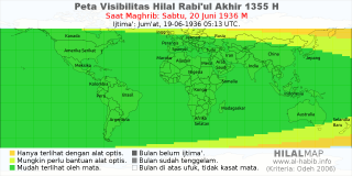 HilalMap: Peta Visibilitas Hilal Rabiul-Akhir 1355 H: rukyat tanggal 1936-6-20 M
