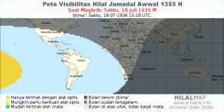 HilalMap: Peta Visibilitas Hilal Jumadal-Awwal 1355 H: rukyat tanggal 1936-7-18 M
