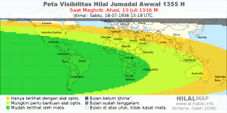 HilalMap: Peta Visibilitas Hilal Jumadal-Awwal 1355 H: rukyat tanggal 1936-7-19 M