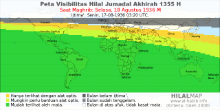 HilalMap: Peta Visibilitas Hilal Jumadal-Akhirah 1355 H: rukyat tanggal 1936-8-18 M