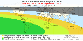 HilalMap: Peta Visibilitas Hilal Rajab 1355 H: rukyat tanggal 1936-9-16 M
