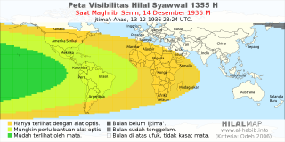 HilalMap: Peta Visibilitas Hilal Syawwal 1355 H: rukyat tanggal 1936-12-14 M