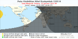 HilalMap: Peta Visibilitas Hilal Dzulqaidah 1355 H: rukyat tanggal 1937-1-12 M