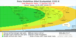 HilalMap: Peta Visibilitas Hilal Dzulqaidah 1355 H: rukyat tanggal 1937-1-13 M