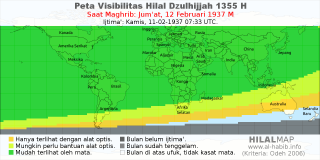 HilalMap: Peta Visibilitas Hilal Dzulhijjah 1355 H: rukyat tanggal 1937-2-12 M