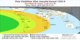 HilalMap: Peta Visibilitas Hilal Jumadal-Awwal 1356 H: rukyat tanggal 1937-7-8 M