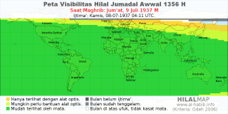 HilalMap: Peta Visibilitas Hilal Jumadal-Awwal 1356 H: rukyat tanggal 1937-7-9 M