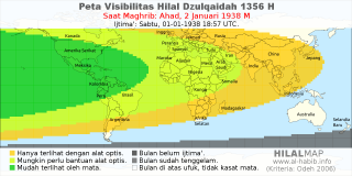 HilalMap: Peta Visibilitas Hilal Dzulqaidah 1356 H: rukyat tanggal 1938-1-2 M