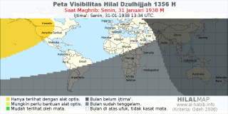 HilalMap: Peta Visibilitas Hilal Dzulhijjah 1356 H: rukyat tanggal 1938-1-31 M