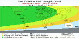 HilalMap: Peta Visibilitas Hilal Dzulhijjah 1356 H: rukyat tanggal 1938-2-1 M