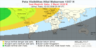 HilalMap: Peta Visibilitas Hilal Muharram 1357 H: rukyat tanggal 1938-3-2 M