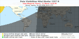 HilalMap: Peta Visibilitas Hilal Shafar 1357 H: rukyat tanggal 1938-3-31 M