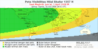 HilalMap: Peta Visibilitas Hilal Shafar 1357 H: rukyat tanggal 1938-4-1 M