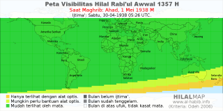 HilalMap: Peta Visibilitas Hilal Rabiul-Awwal 1357 H: rukyat tanggal 1938-5-1 M