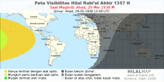 HilalMap: Peta Visibilitas Hilal Rabiul-Akhir 1357 H: rukyat tanggal 1938-5-29 M