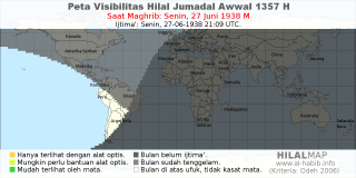 HilalMap: Peta Visibilitas Hilal Jumadal-Awwal 1357 H: rukyat tanggal 1938-6-27 M