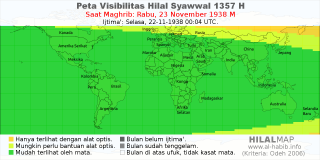 HilalMap: Peta Visibilitas Hilal Syawwal 1357 H: rukyat tanggal 1938-11-23 M