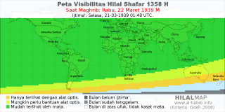 HilalMap: Peta Visibilitas Hilal Shafar 1358 H: rukyat tanggal 1939-3-22 M