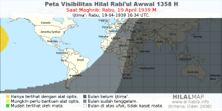 HilalMap: Peta Visibilitas Hilal Rabiul-Awwal 1358 H: rukyat tanggal 1939-4-19 M