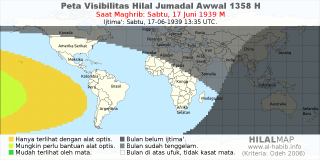 HilalMap: Peta Visibilitas Hilal Jumadal-Awwal 1358 H: rukyat tanggal 1939-6-17 M