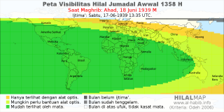 HilalMap: Peta Visibilitas Hilal Jumadal-Awwal 1358 H: rukyat tanggal 1939-6-18 M