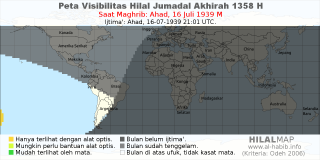 HilalMap: Peta Visibilitas Hilal Jumadal-Akhirah 1358 H: rukyat tanggal 1939-7-16 M
