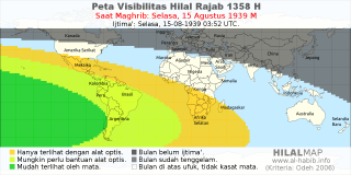 HilalMap: Peta Visibilitas Hilal Rajab 1358 H: rukyat tanggal 1939-8-15 M