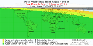HilalMap: Peta Visibilitas Hilal Rajab 1358 H: rukyat tanggal 1939-8-16 M