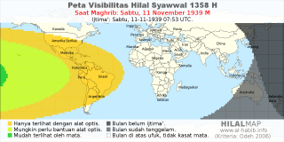 HilalMap: Peta Visibilitas Hilal Syawwal 1358 H: rukyat tanggal 1939-11-11 M