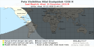 HilalMap: Peta Visibilitas Hilal Dzulqaidah 1358 H: rukyat tanggal 1939-12-10 M