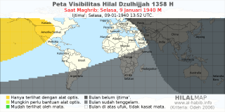 HilalMap: Peta Visibilitas Hilal Dzulhijjah 1358 H: rukyat tanggal 1940-1-9 M