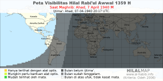 HilalMap: Peta Visibilitas Hilal Rabiul-Awwal 1359 H: rukyat tanggal 1940-4-7 M