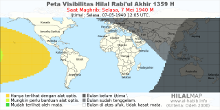 HilalMap: Peta Visibilitas Hilal Rabiul-Akhir 1359 H: rukyat tanggal 1940-5-7 M