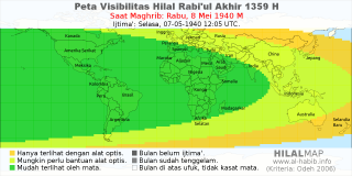HilalMap: Peta Visibilitas Hilal Rabiul-Akhir 1359 H: rukyat tanggal 1940-5-8 M