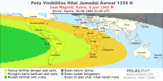 HilalMap: Peta Visibilitas Hilal Jumadal-Awwal 1359 H: rukyat tanggal 1940-6-6 M