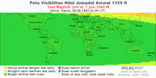 HilalMap: Peta Visibilitas Hilal Jumadal-Awwal 1359 H: rukyat tanggal 1940-6-7 M
