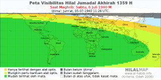 HilalMap: Peta Visibilitas Hilal Jumadal-Akhirah 1359 H: rukyat tanggal 1940-7-6 M