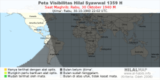 HilalMap: Peta Visibilitas Hilal Syawwal 1359 H: rukyat tanggal 1940-10-30 M