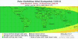 HilalMap: Peta Visibilitas Hilal Dzulqaidah 1359 H: rukyat tanggal 1940-11-30 M
