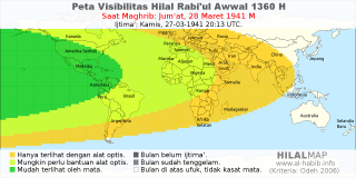HilalMap: Peta Visibilitas Hilal Rabiul-Awwal 1360 H: rukyat tanggal 1941-3-28 M
