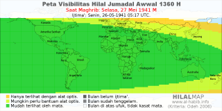HilalMap: Peta Visibilitas Hilal Jumadal-Awwal 1360 H: rukyat tanggal 1941-5-27 M