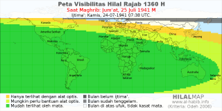 HilalMap: Peta Visibilitas Hilal Rajab 1360 H: rukyat tanggal 1941-7-25 M