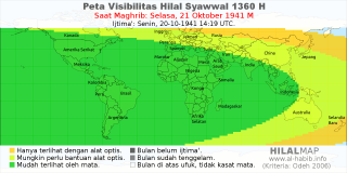 HilalMap: Peta Visibilitas Hilal Syawwal 1360 H: rukyat tanggal 1941-10-21 M